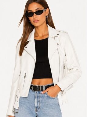 Levi's White Leather Moto Jacket with Belted Hem